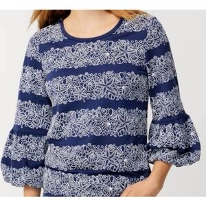 Chico's Women's Blouse Puff Sleeves Seashell Starfish Scoop Neck Top Size 0 = S